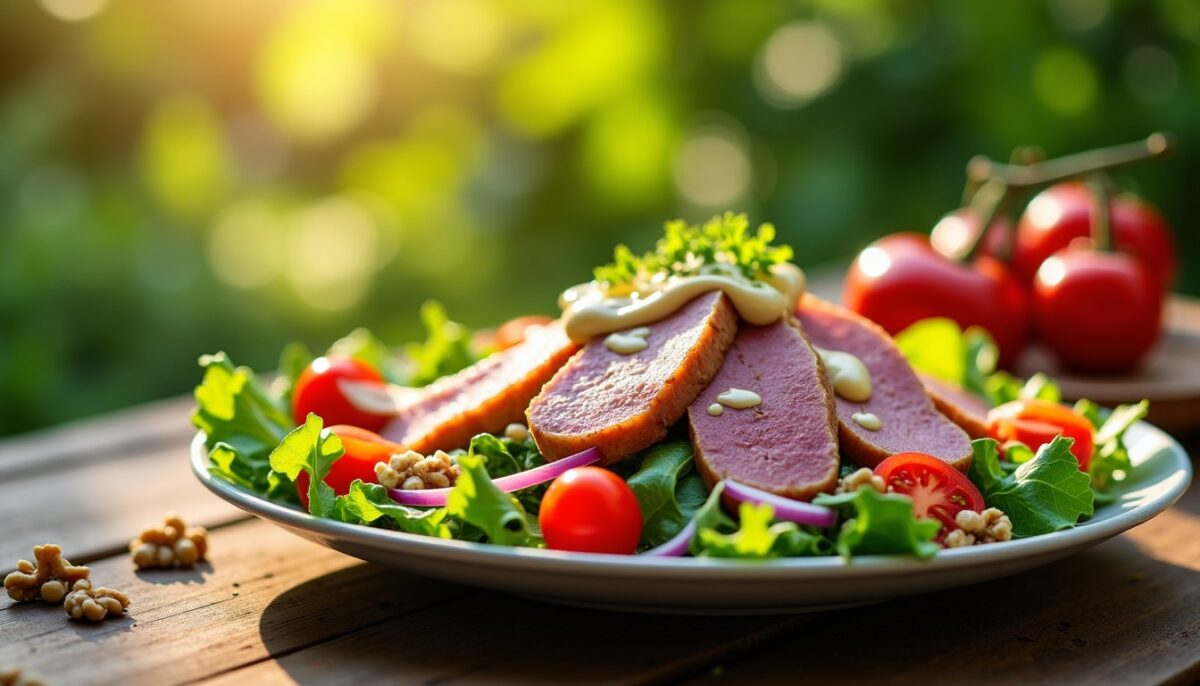 Salade raffinée : magret de canard fumé sublimé par une sauce onctueuse au fromage frais