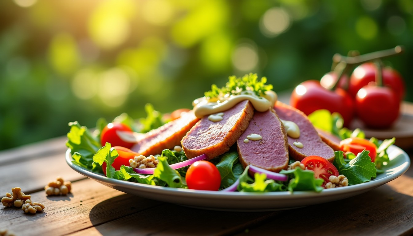 Salade raffinée : magret de canard fumé sublimé par une sauce onctueuse au fromage frais
