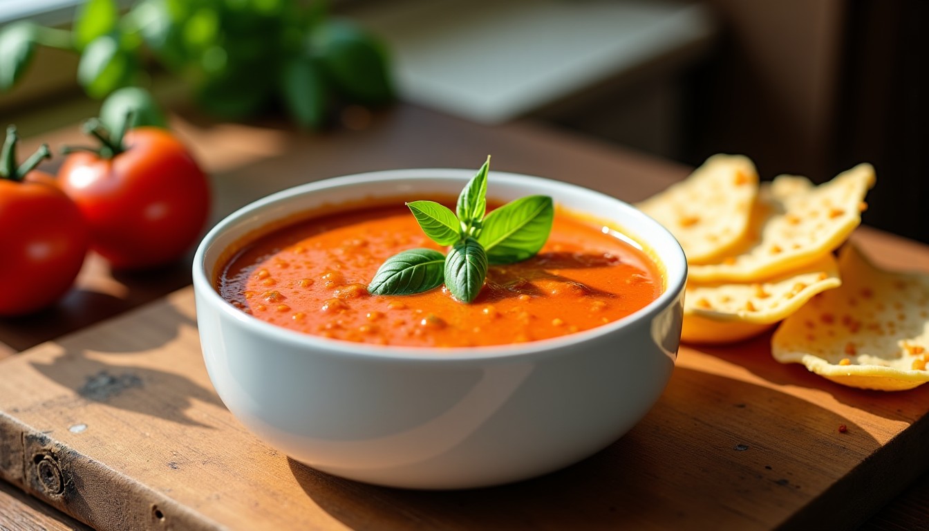 Délice crémeux de tomate au basilic accompagné de croustillantes tuiles de parmesan : une recette pleine de saveurs