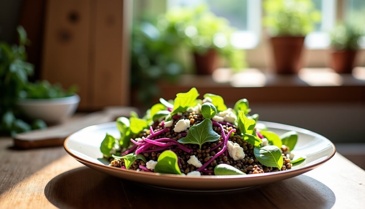 Recette gourmande de salade aux lentilles, chou rouge croquant et fromage de chèvre