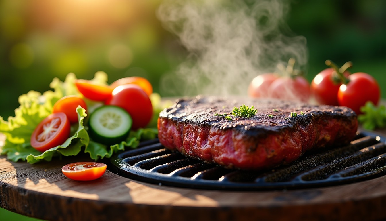 Savourez une entrecôte de bœuf grillée au barbecue accompagnée d'une salade fraîche et légère de crudités