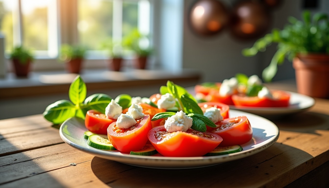 Savourez un Carpaccio Frais de Tomates et Concombres au Fromage de Chèvre Crémeux
