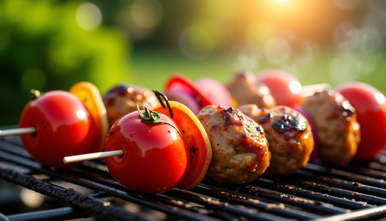 Brochettes estivales gourmandes : boulettes de dinde, tomates juteuses et oignons rouges pour un barbecue léger