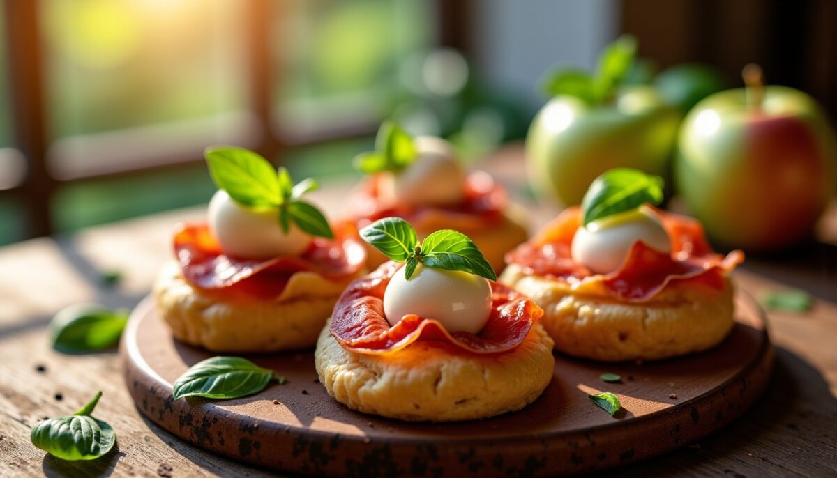 Aumônières gourmandes et légères : mariage de pomme croquante, mozzarella fondante et jambon sec