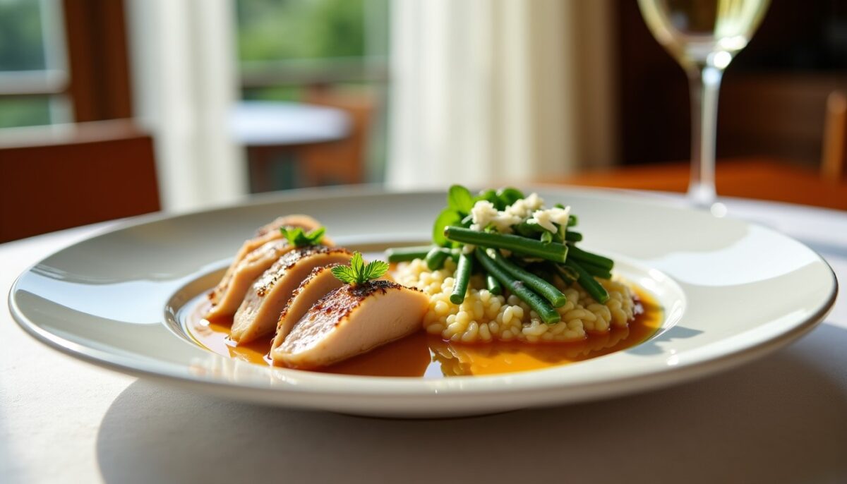 Poulet émincé accompagné d'un risotto de haricots verts crémeux au fromage frais