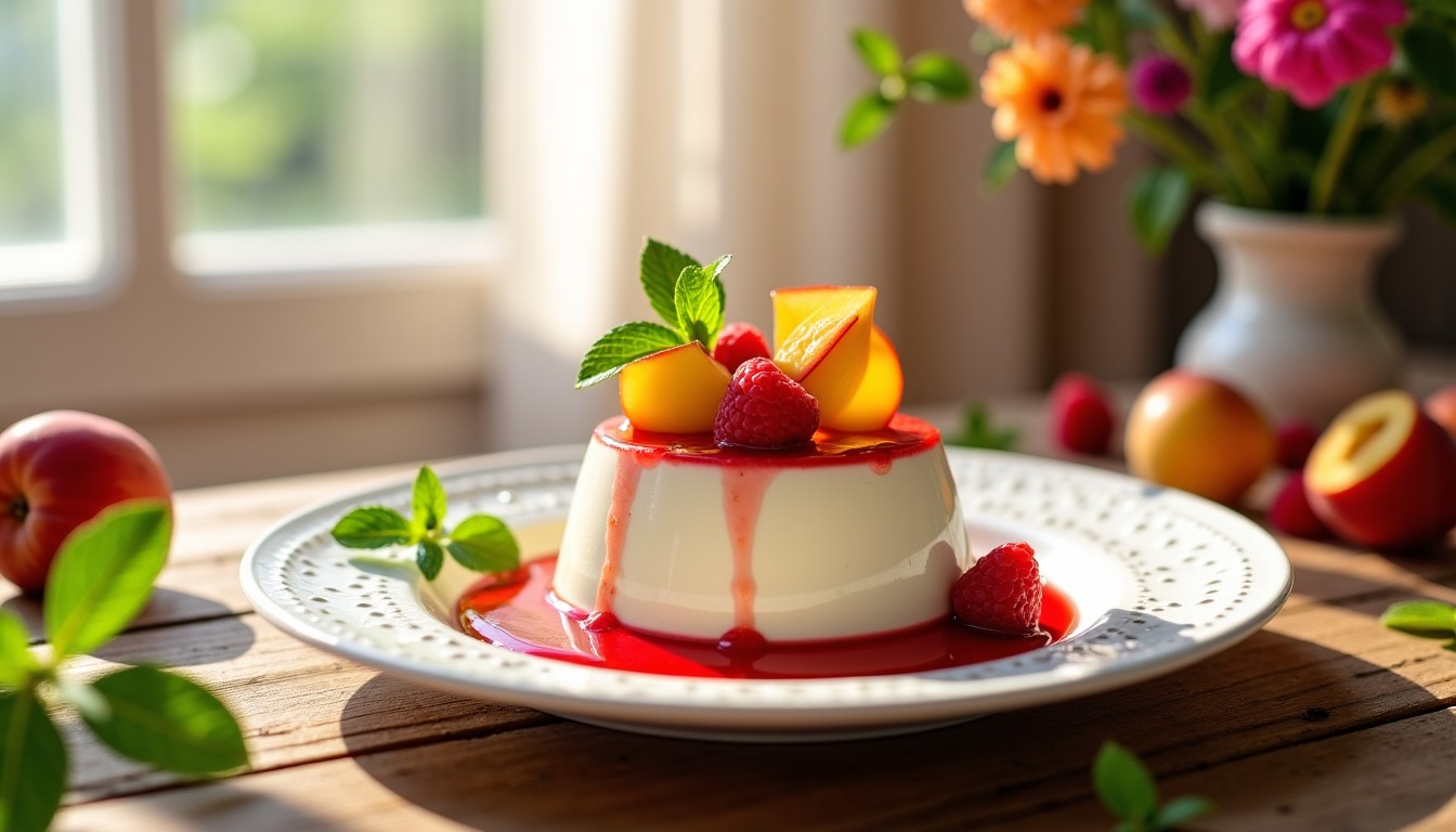 Délice Estival : Panna Cotta au Fromage Frais, Pêches Juteuses et Coulis de Framboises Acidulé