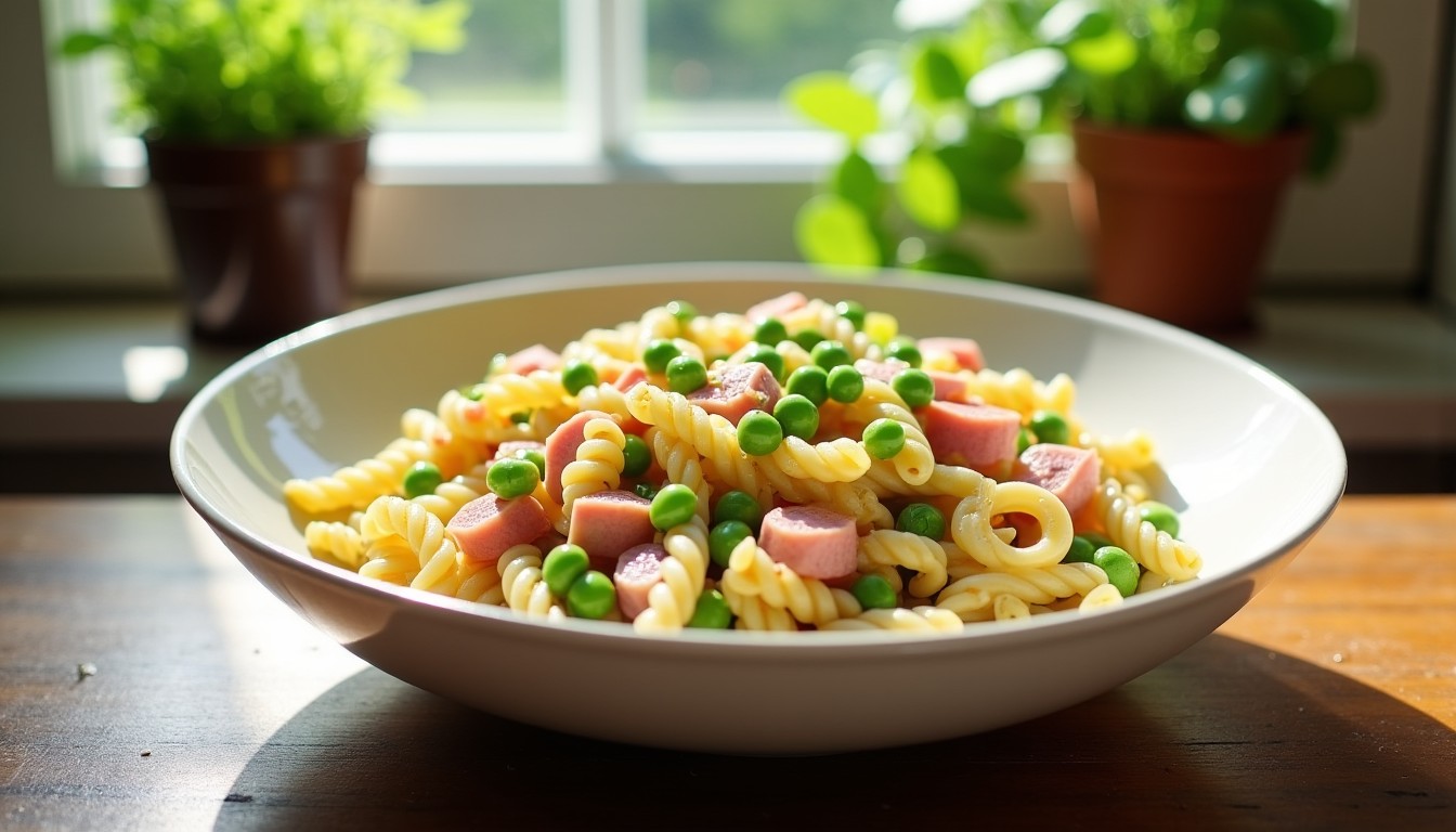 Salade fraîcheur de pâtes aux petits pois, jambon tendre et mayonnaise allégée