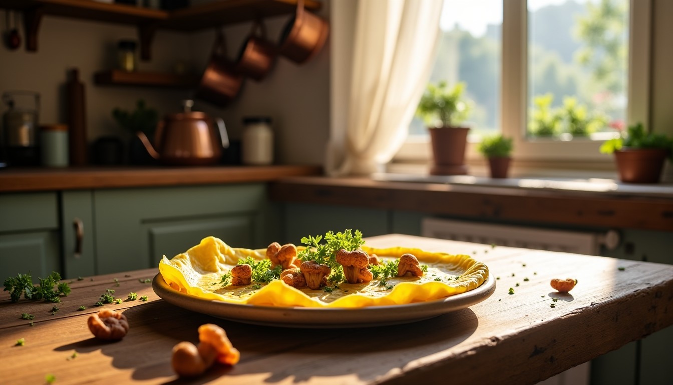 Délice automnal : Omelette moelleuse aux chanterelles parfumées au cerfeuil