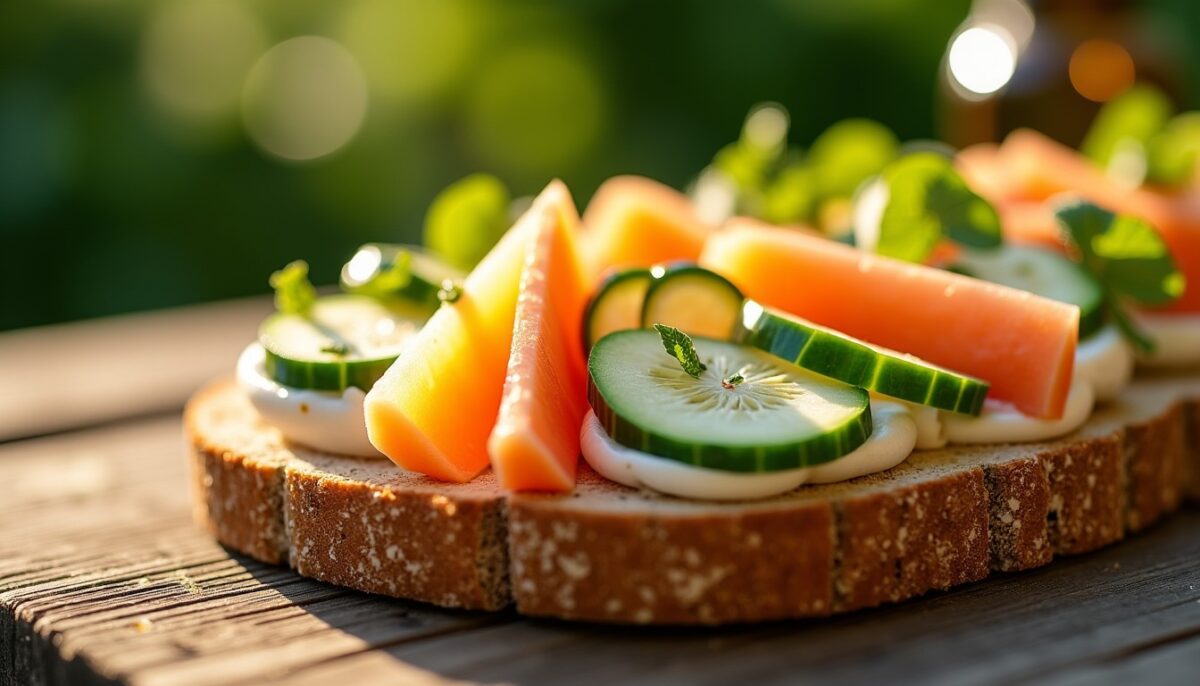 Délice estival : tartine gourmande aux melons juteux, concombres croquants et fromage frais onctueux