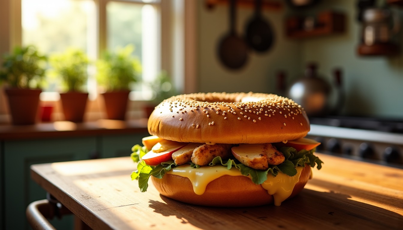 Délicieux bagels garnis au poulet, pommes croquantes et fromage fondant