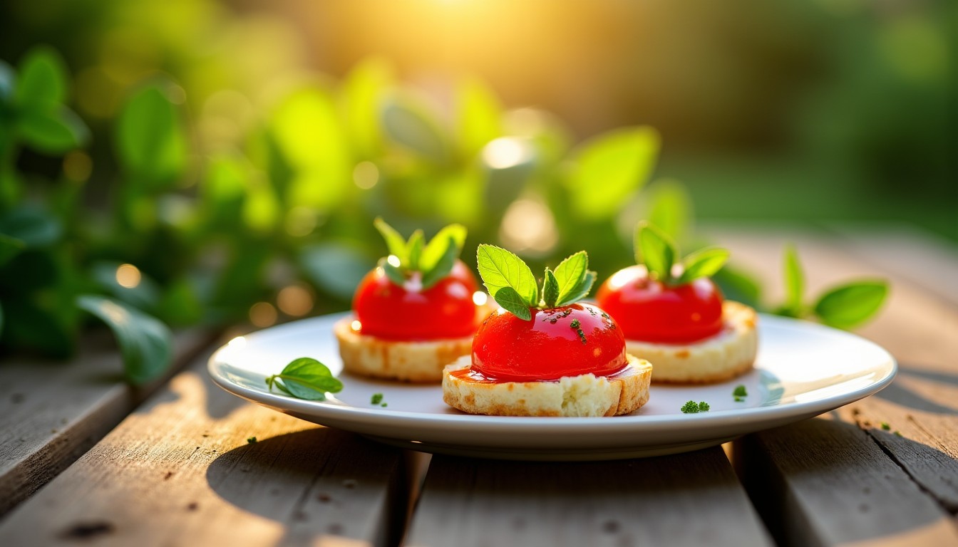 Délice estival : Gelée de tomates maison accompagnée de bouchées fromagères à l'ail et aux fines herbes