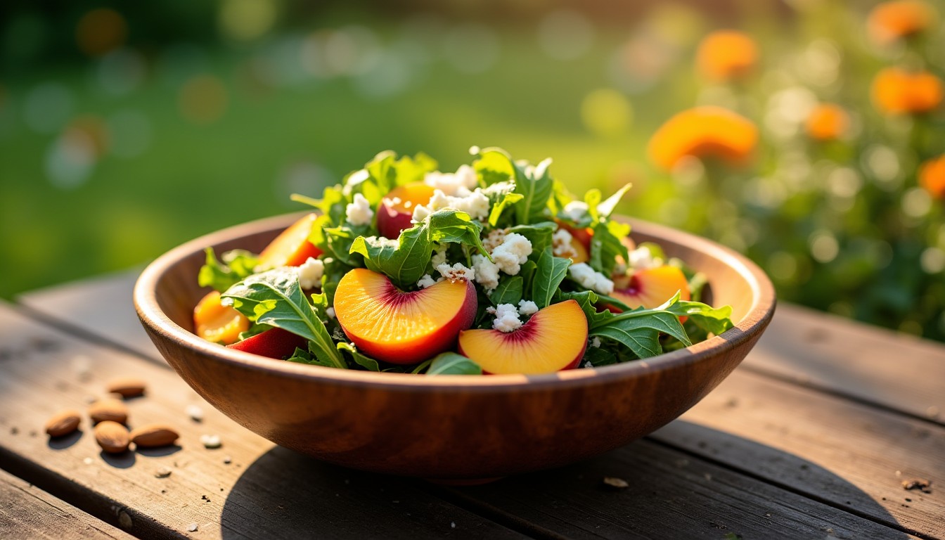Recette Gourmande : Salade Croquante à la Pêche, Roquette, Amandes et Fromage