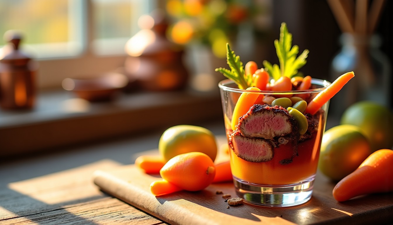 Verrine d'automne légère : alliance de bœuf tendre, carottes croquantes et pickles acidulés