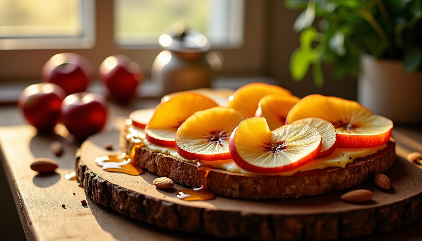 Délice sucré-salé : tartines gourmandes aux pommes rôties, miel doré, fromage fondant et éclats d'amandes