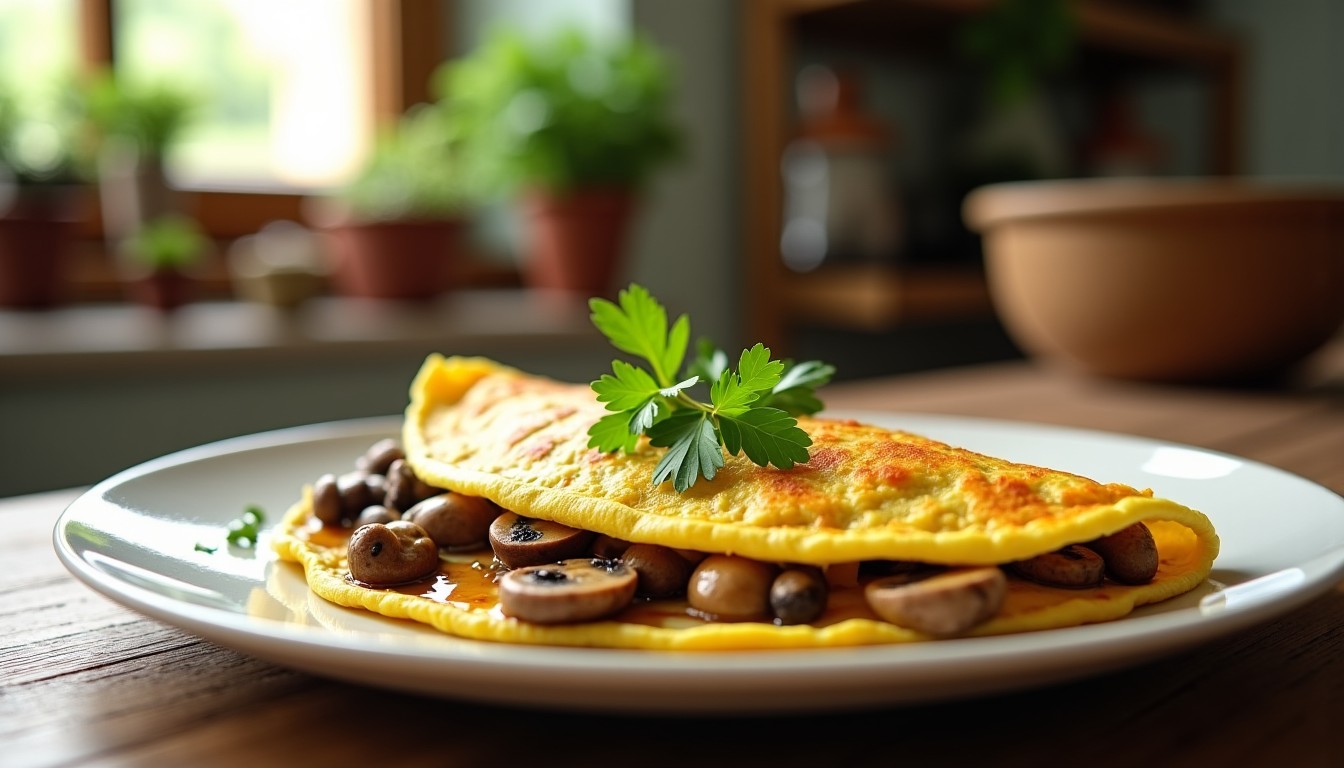 Délicieuse omelette aux champignons savoureux et fromage frais fondant