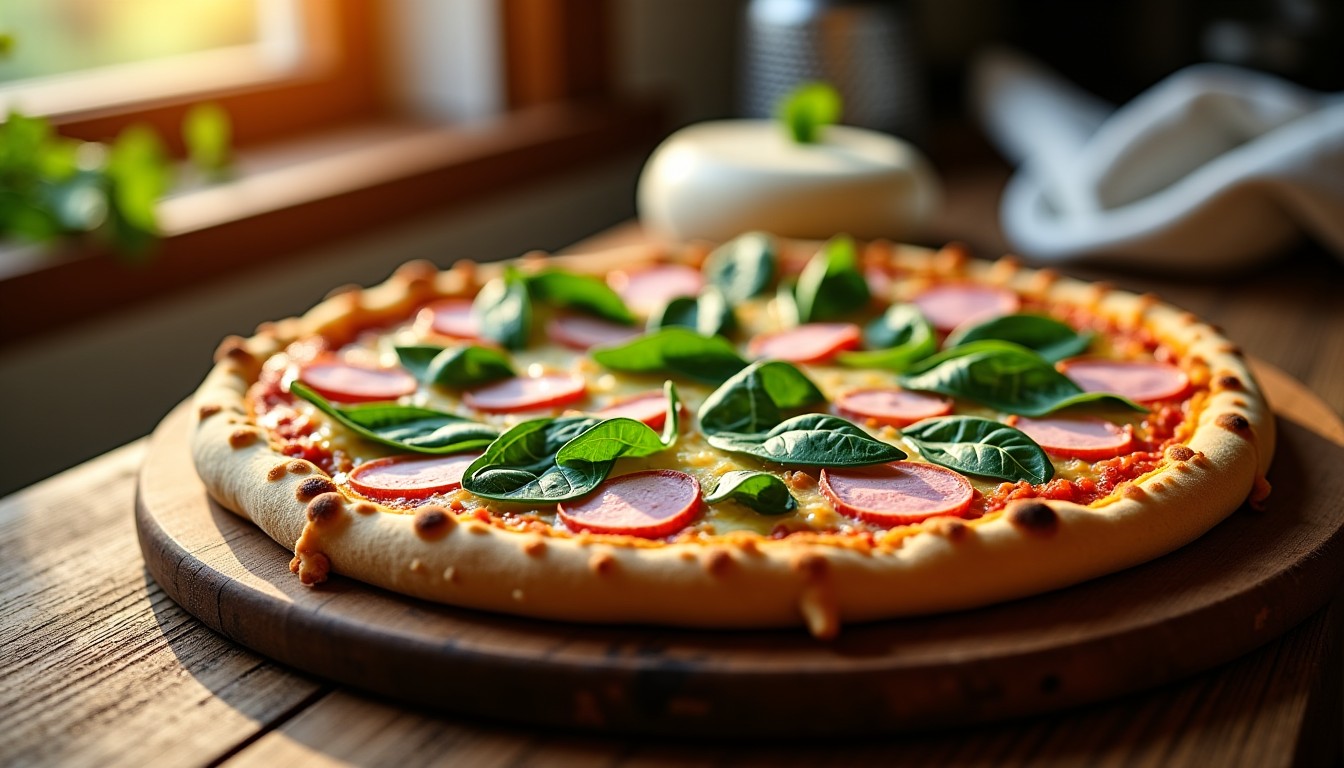 Découvrez la recette savoureuse de la pizza au jambon, épinards frais et fromage de chèvre fondant