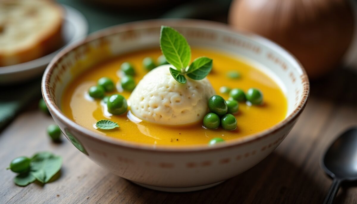 Délice de truite fumée en corolle, fromage frais gourmand et velouté printanier de petits pois à la roquette