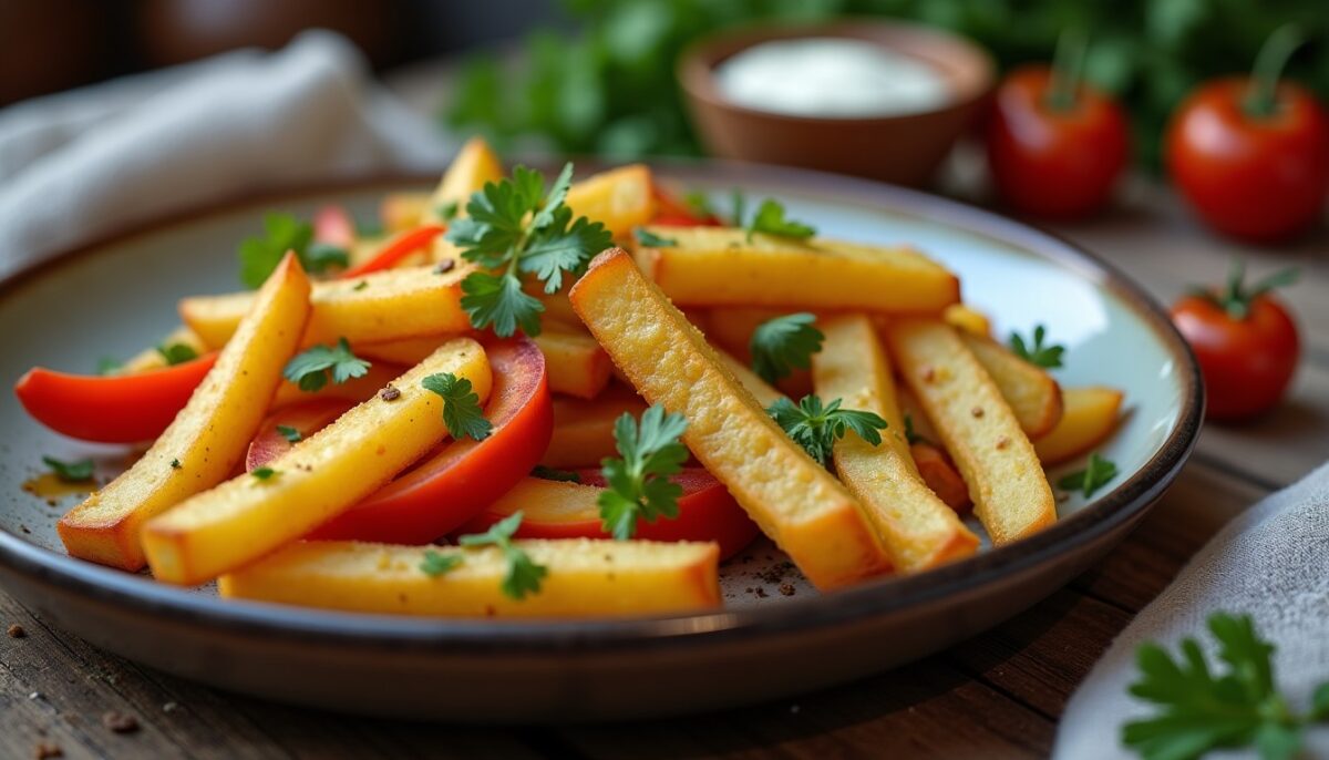 Frites de légumes rôties au four accompagnées d'un fromage crémeux : une recette savoureuse et réconfortante