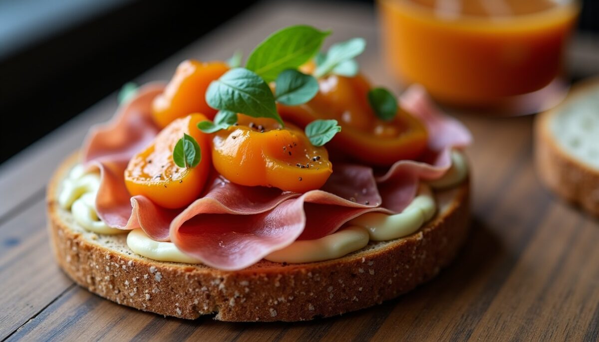Délicieux toast gourmand au jambon cru, fromage de brebis fondant et aubergines rôties