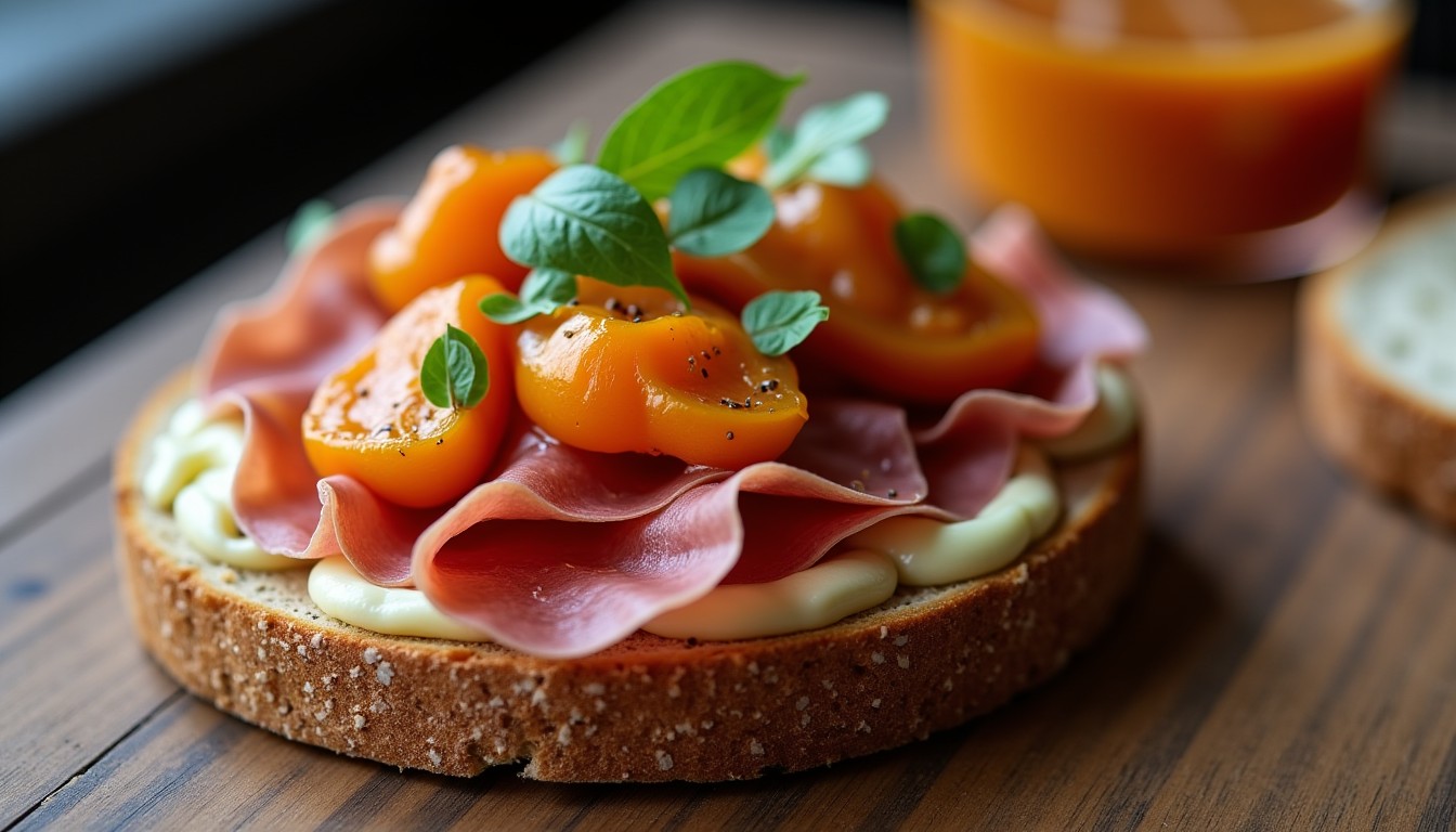 Délicieux toast gourmand au jambon cru, fromage de brebis fondant et aubergines rôties