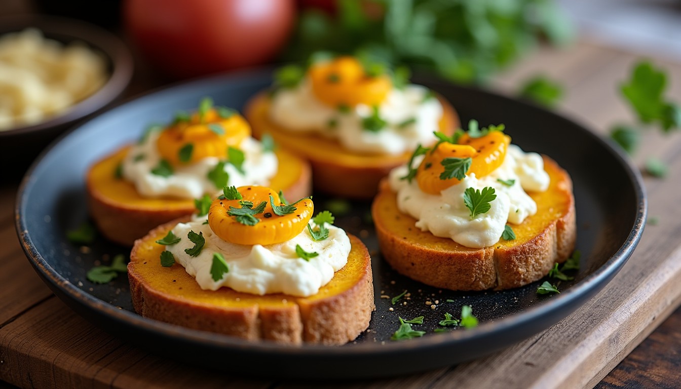 Délicieuses tartines gourmandes au houmous de patates douces et fromage frais : recette facile et savoureuse