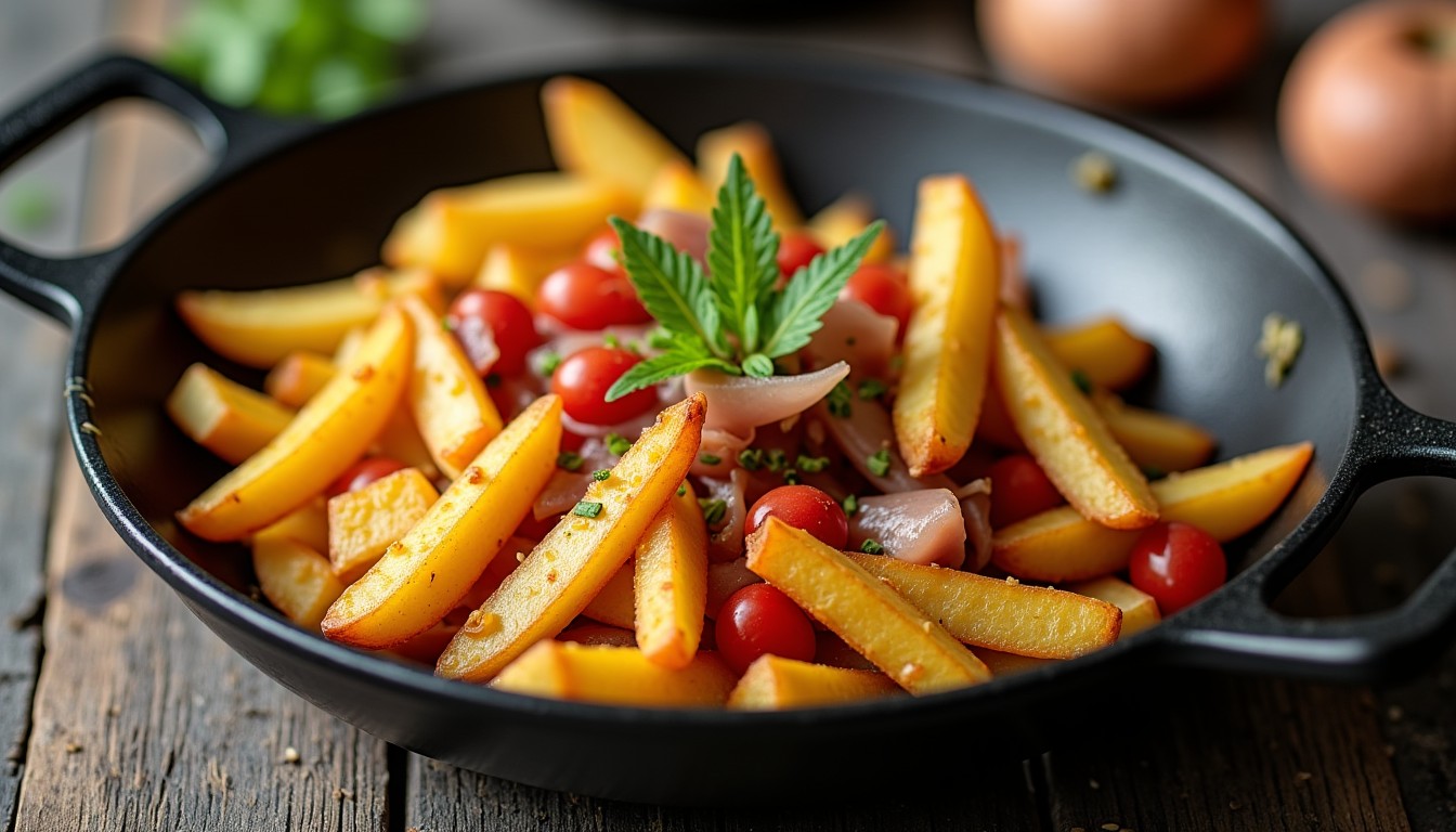 Sauté léger de pommes de terre en frites, accompagné de lardons croustillants et de pois gourmands frais