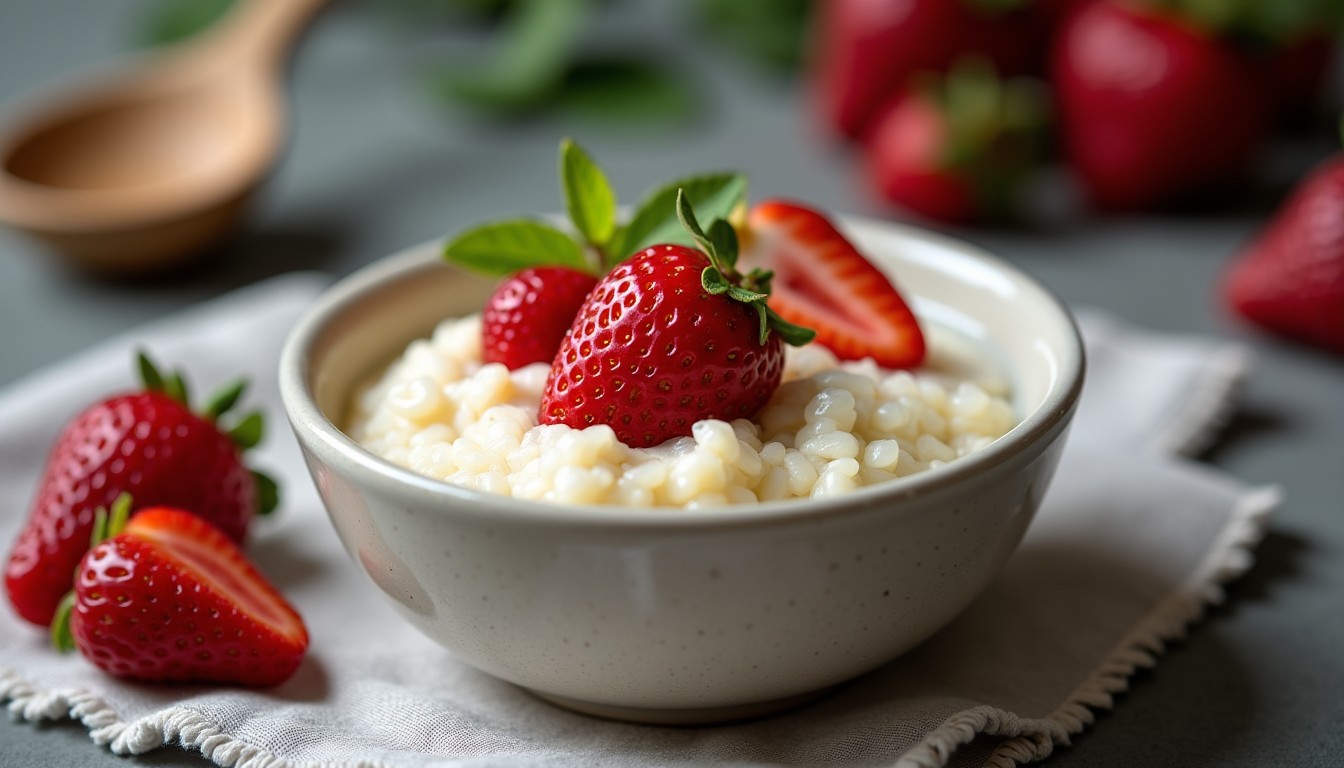 Délice crémeux : Riz au lait parfumé à la vanille accompagné d'un coulis de fraises léger et frais
