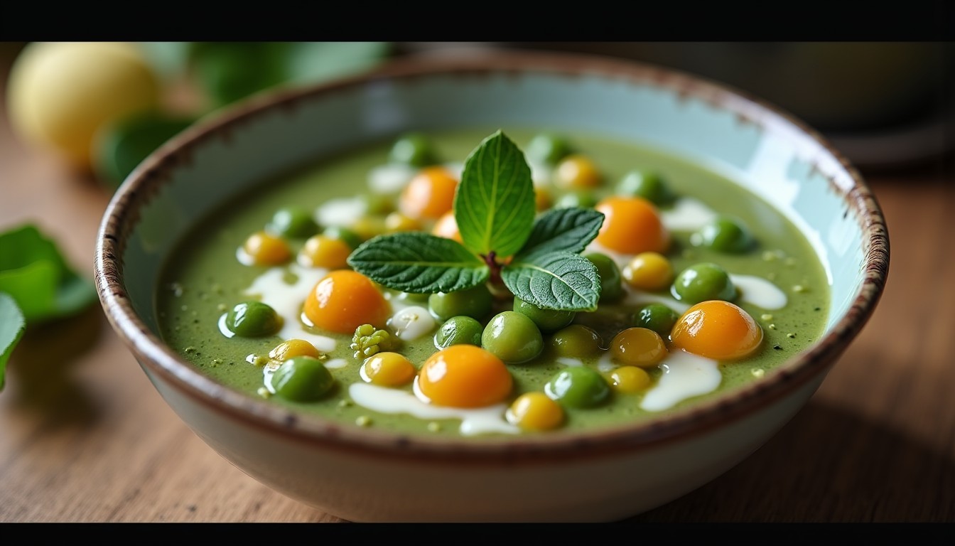 Délice onctueux : velouté d’épinards et cosses de petits pois relevé au fromage frais
