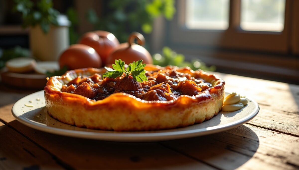 Délice renversé : Tatin d’oignons fondants accompagnée d’une tartinade végétale ail et fines herbes