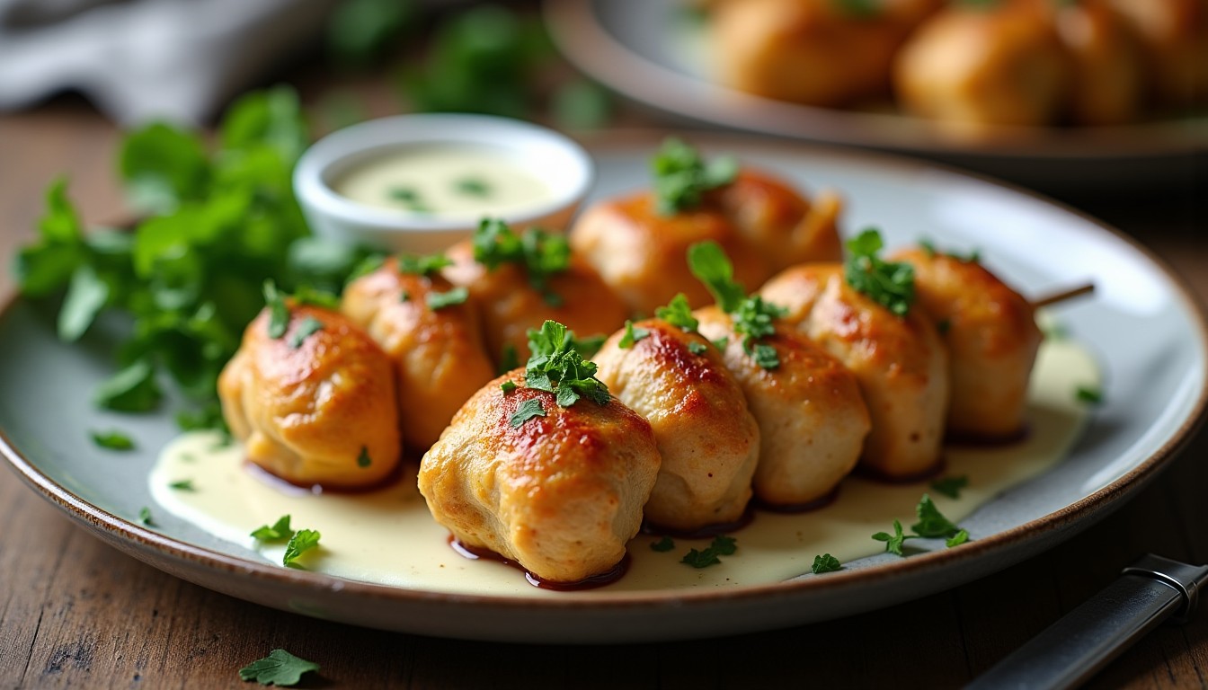 Brochettes légères d’aiguillettes de poulet panées, accompagnées d’une sauce fraîche au fromage blanc et fines herbes