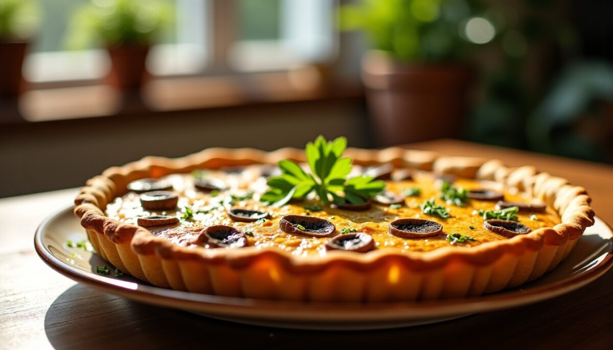 Délicieuse quiche légère au poulet, champignons frais et persil aromatique
