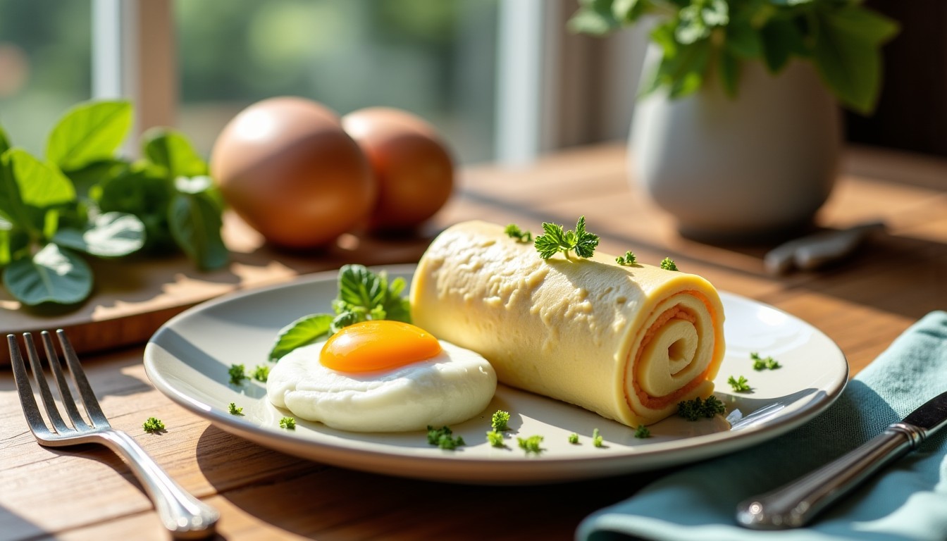 Délice de roulé au fromage frais accompagné d’un œuf poché parfait