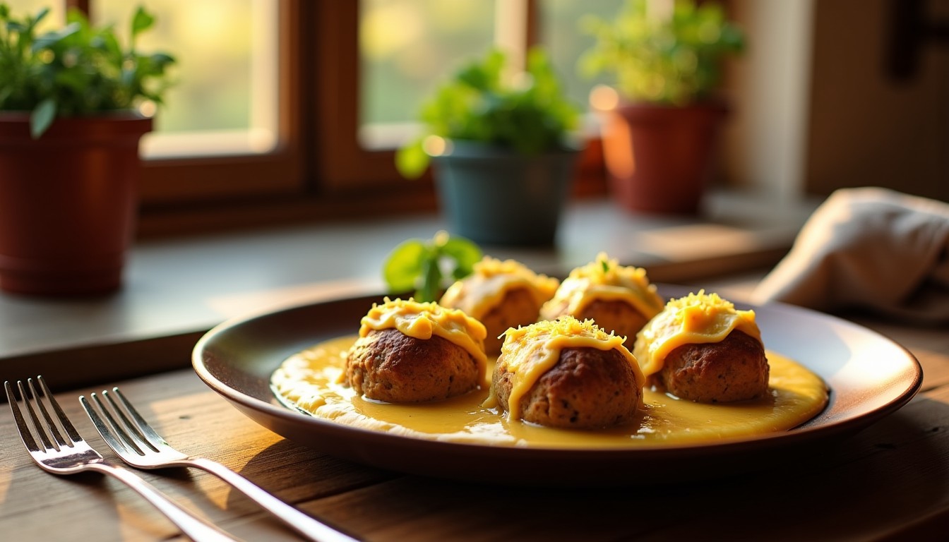 Délicieuses boulettes de viande nappées d'une béchamel légère et gratinées au gruyère