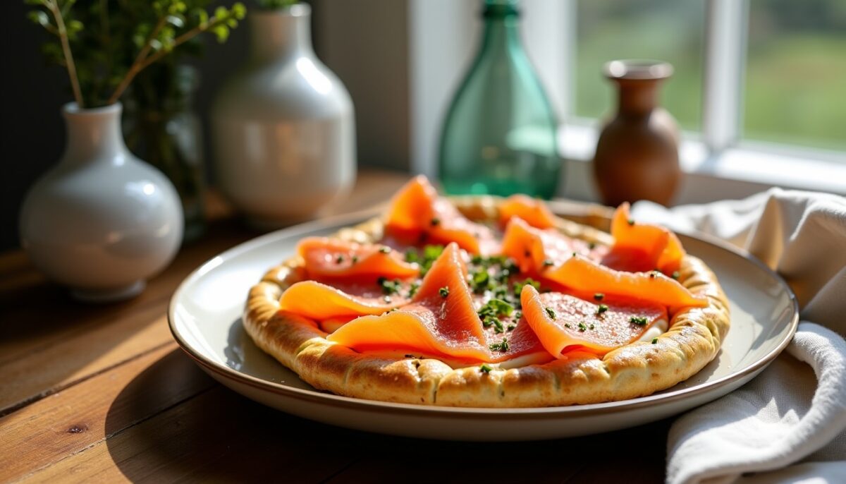Délice nordique : galette au saumon fumé et fromage frais aux herbes et ail