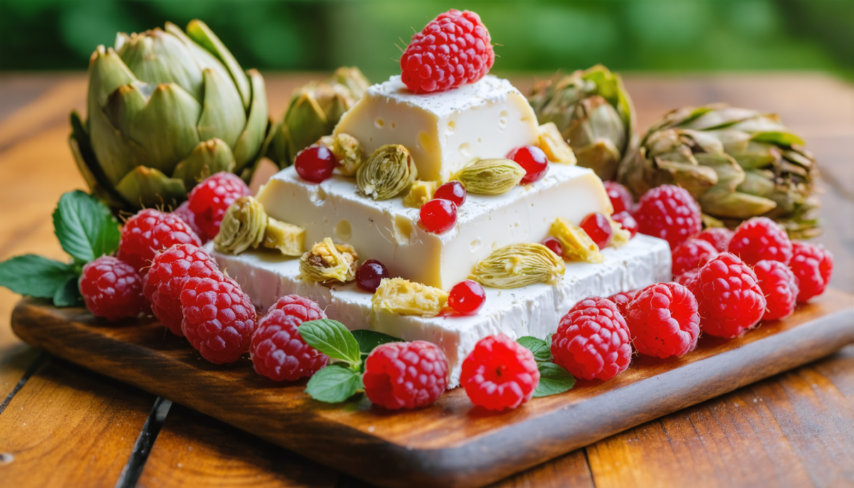 découvrez notre délice gourmand : une pyramide de chèvre fondant accompagnée d'artichauts savoureux et de framboises acidulées pour une explosion de saveurs unique.