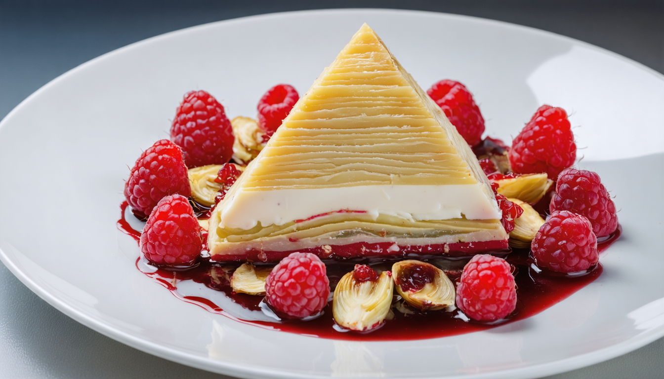 découvrez la pyramide de chèvre fondant aux artichauts délicatement accompagnée de framboises acidulées, une explosion de saveurs pour un délice gourmand unique.