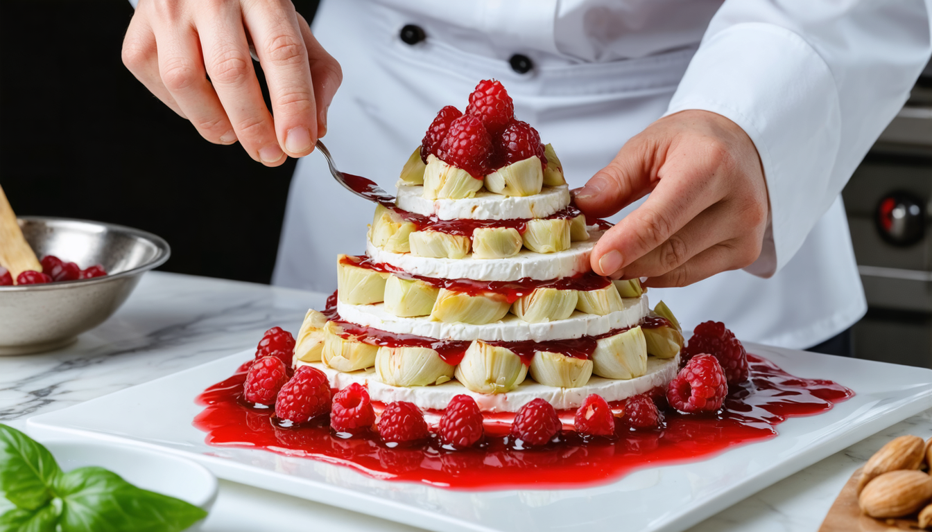 découvrez notre délice gourmand : une pyramide de fromage de chèvre fondant accompagnée d'artichauts savoureux et de framboises acidulées pour une explosion de saveurs en bouche.