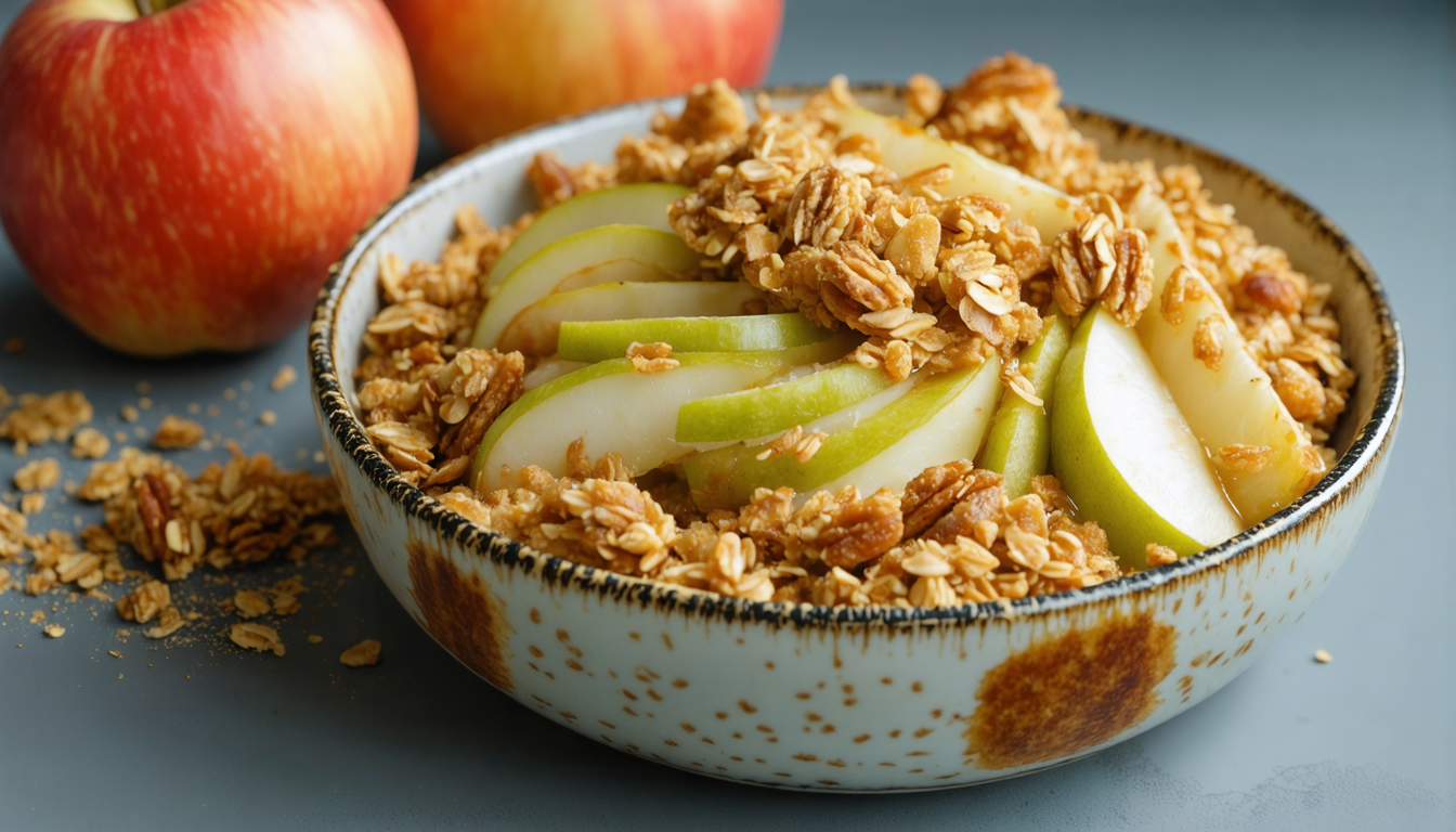 découvrez notre recette gourmande et saine de délice croustillant aux pommes et poires, agrémentée d'un granola léger pour un dessert savoureux et équilibré.