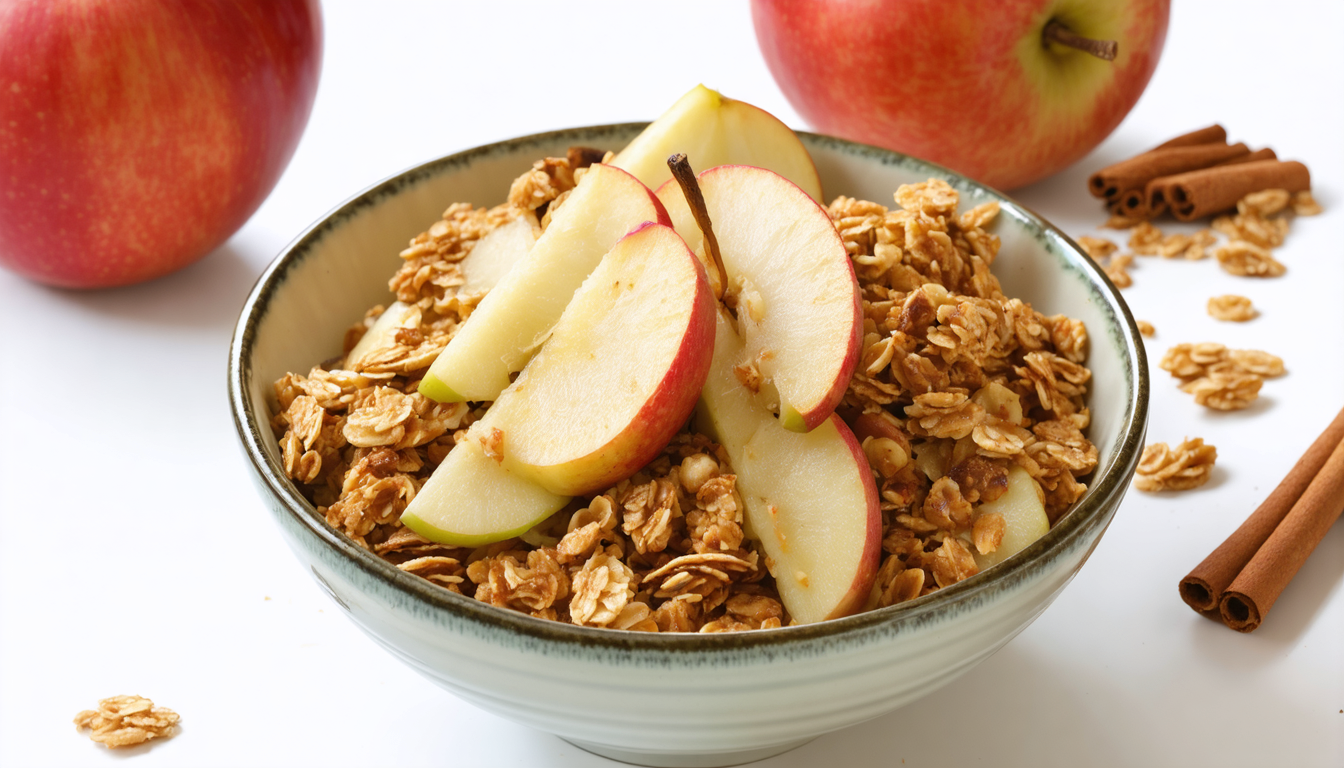 découvrez notre recette gourmande et saine de délice croustillant aux pommes et poires, agrémenté d'un granola léger pour un dessert fruité et croquant.