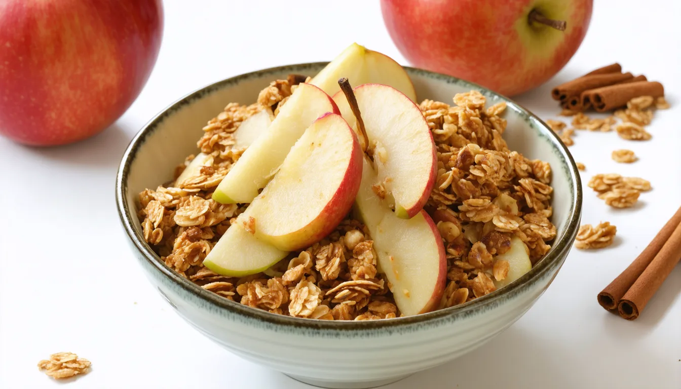 découvrez notre recette gourmande et saine de délice croustillant aux pommes et poires, agrémenté d'un granola léger pour un dessert fruité et croquant.