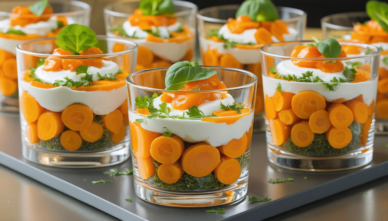 savourez nos verrines gourmandes aux carottes fondantes, relevées de fromage frais onctueux et parfumées à la coriandre fraîche pour une touche de fraîcheur et de légèreté.