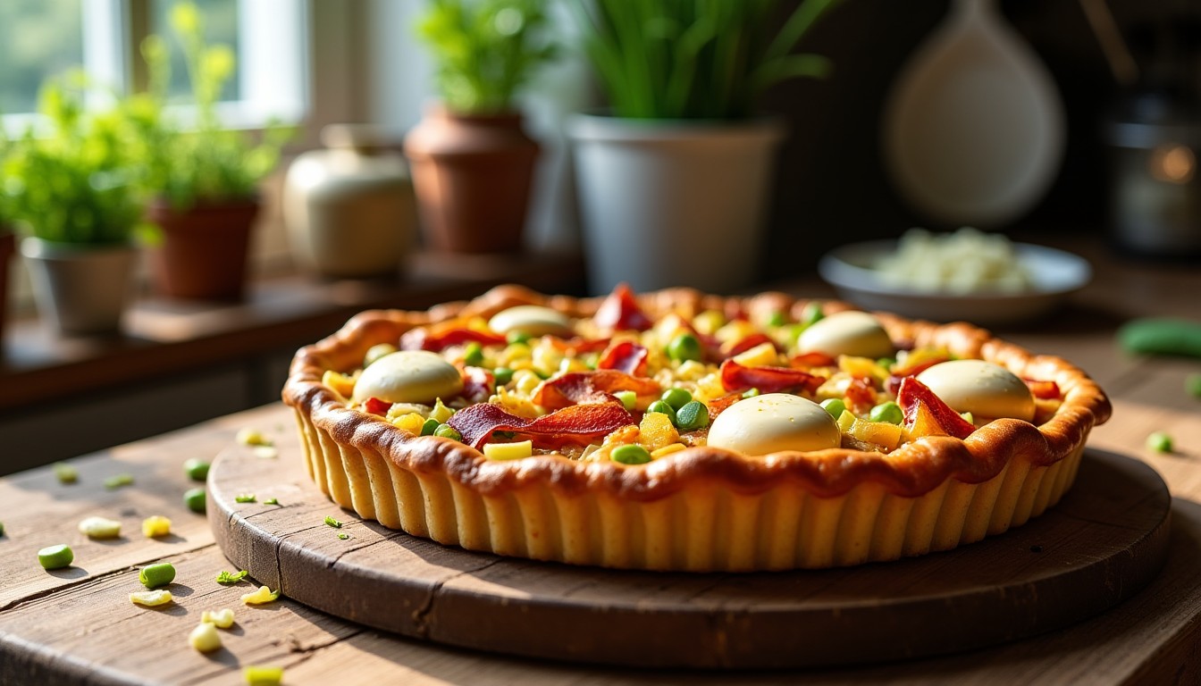 Délicieuse tarte aux poireaux, lardons croustillants et fromage frais onctueux