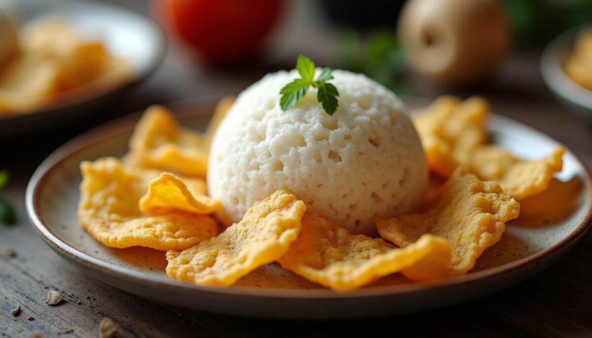 Délice aérien : Espuma onctueuse au Maroilles accompagnée de croustillantes chips de lard fumé