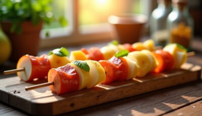 Délices en Brochettes : Poires, Chorizo et Fromage pour une Explosion de Saveurs