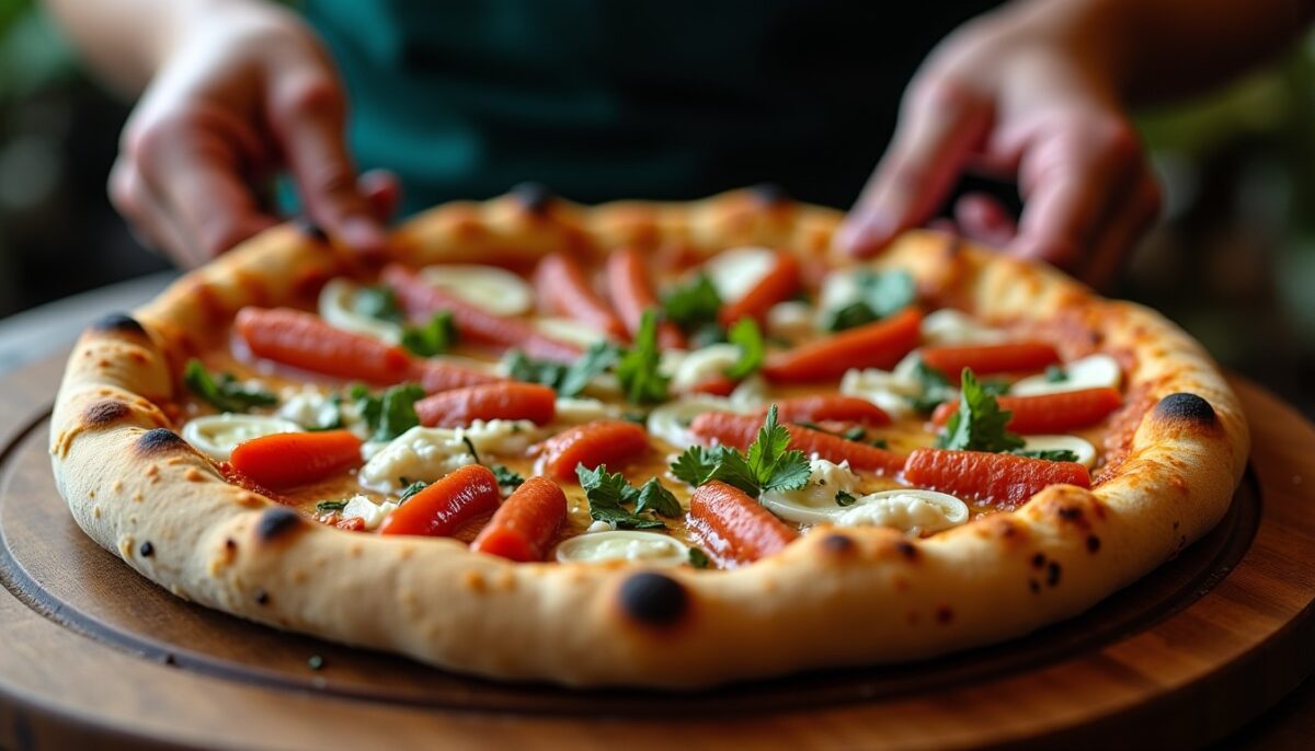 Pizza aux saveurs orientales : mariage entre merguez épicée et fromage bleu onctueux