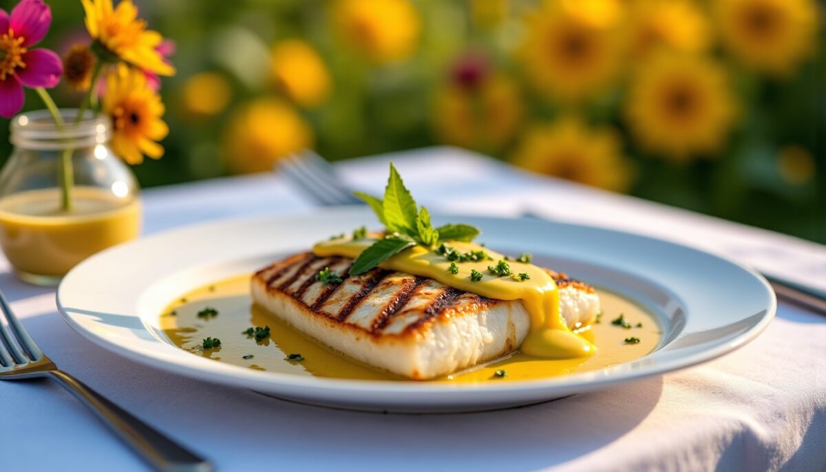 Délice estival : filet de merlan grillé nappé d’une sauce moutarde légère et savoureuse