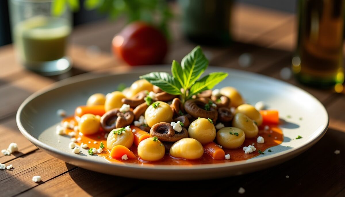 Gnocchis fondants aux champignons parfumés, carottes croquantes et éclats de feta : une recette pleine de saveurs