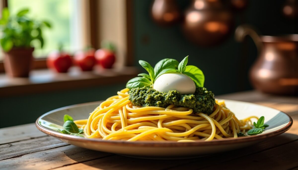 Spaghetti Crémeux au Pesto Frais et Burrata Fondante : Une Recette Gourmande et Authentique