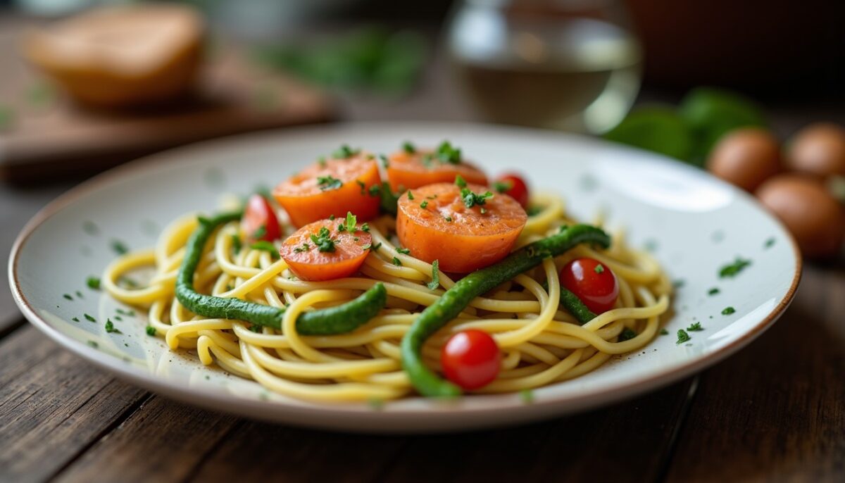 Spaghettis aux Courgettes et Saumon Fumé nappés d'une Onctueuse Sauce au Chèvre Frais