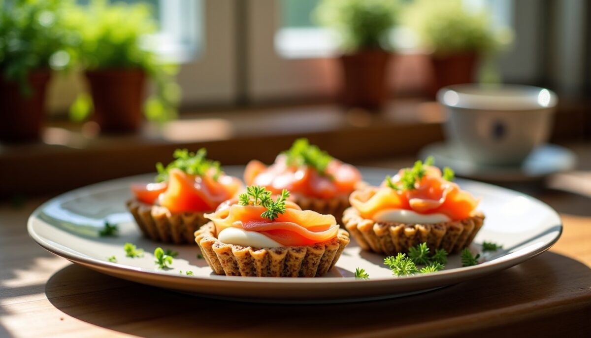 Délice de tartelettes au blé noir garnies de fromage frais, ail parfumé, fines herbes et saumon fumé